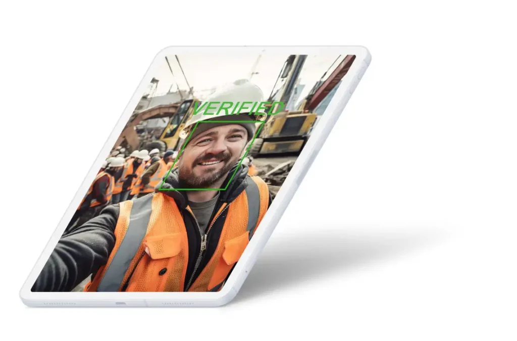 Construction worker clock-in on TimeTrex via tablet