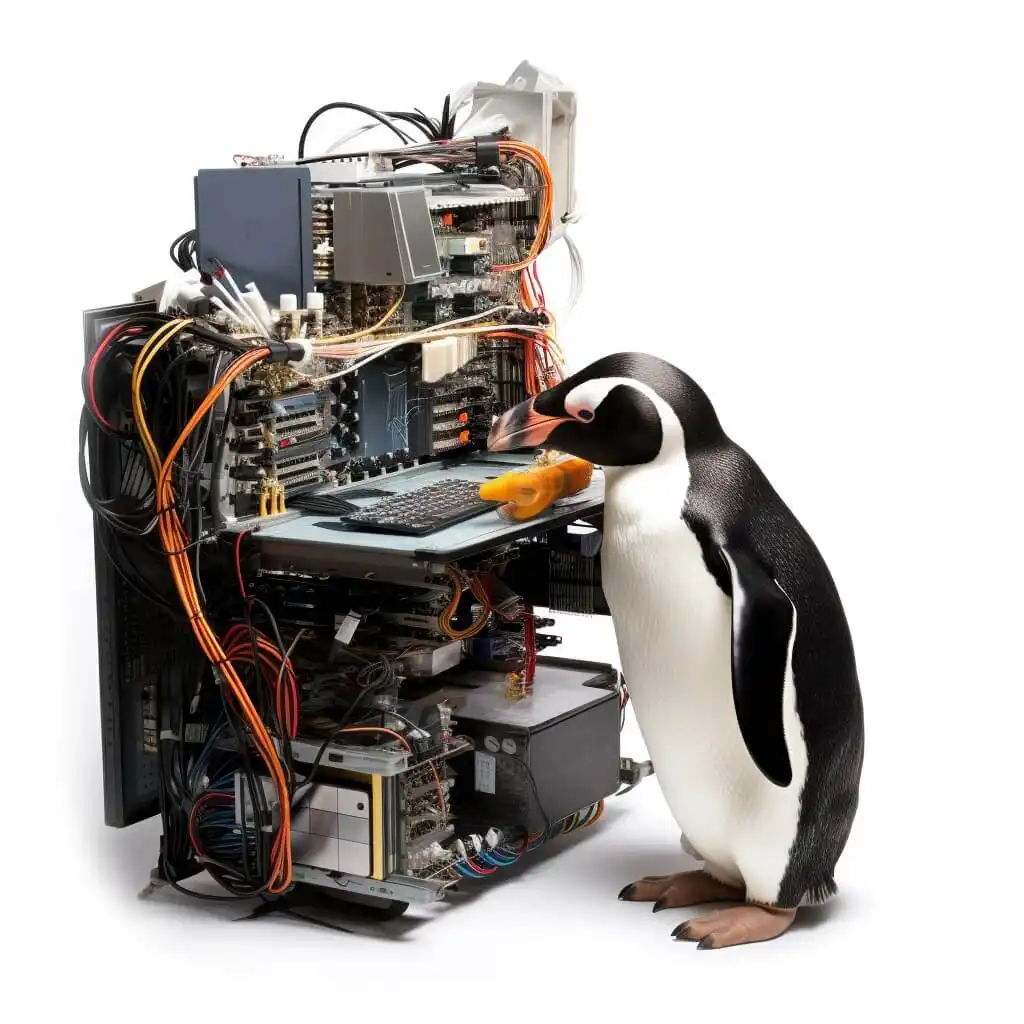A penguin in front of a computer