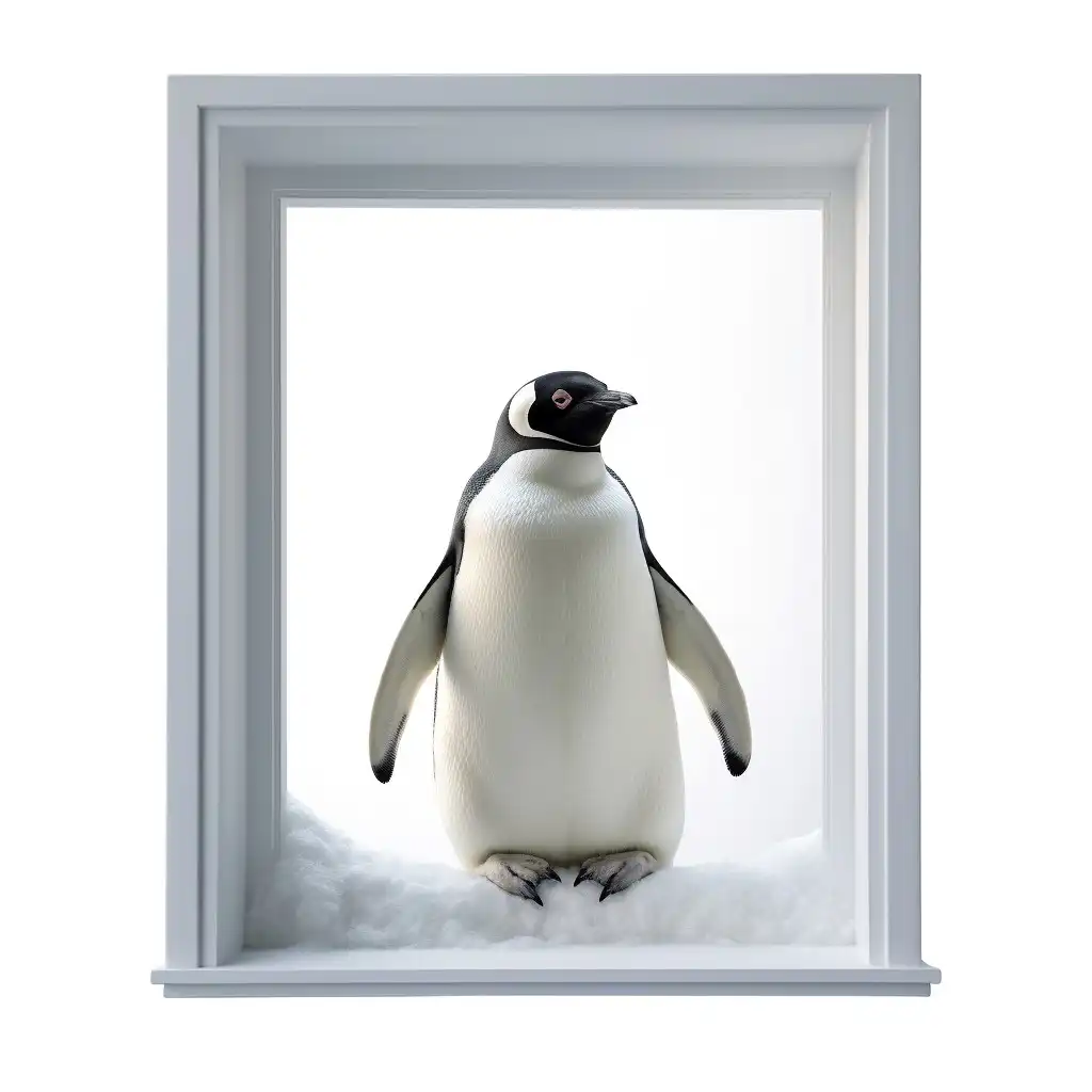 A penguin in a window