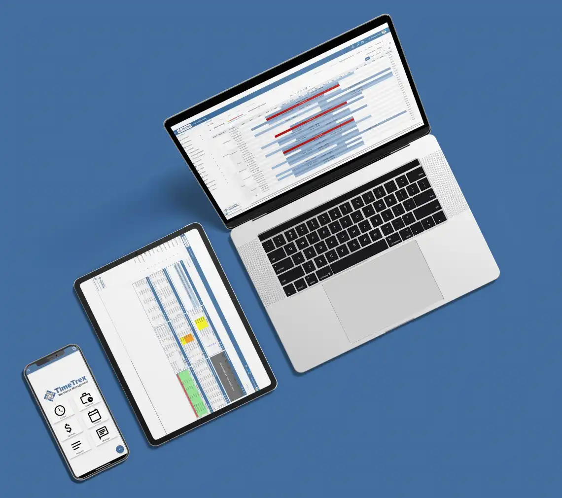 TimeTrex on all three devices, mobile, tablet and desktop