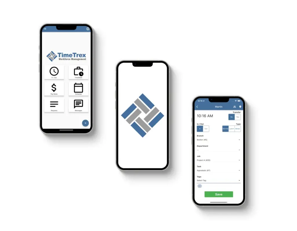 TimeTrex on three mobile devices