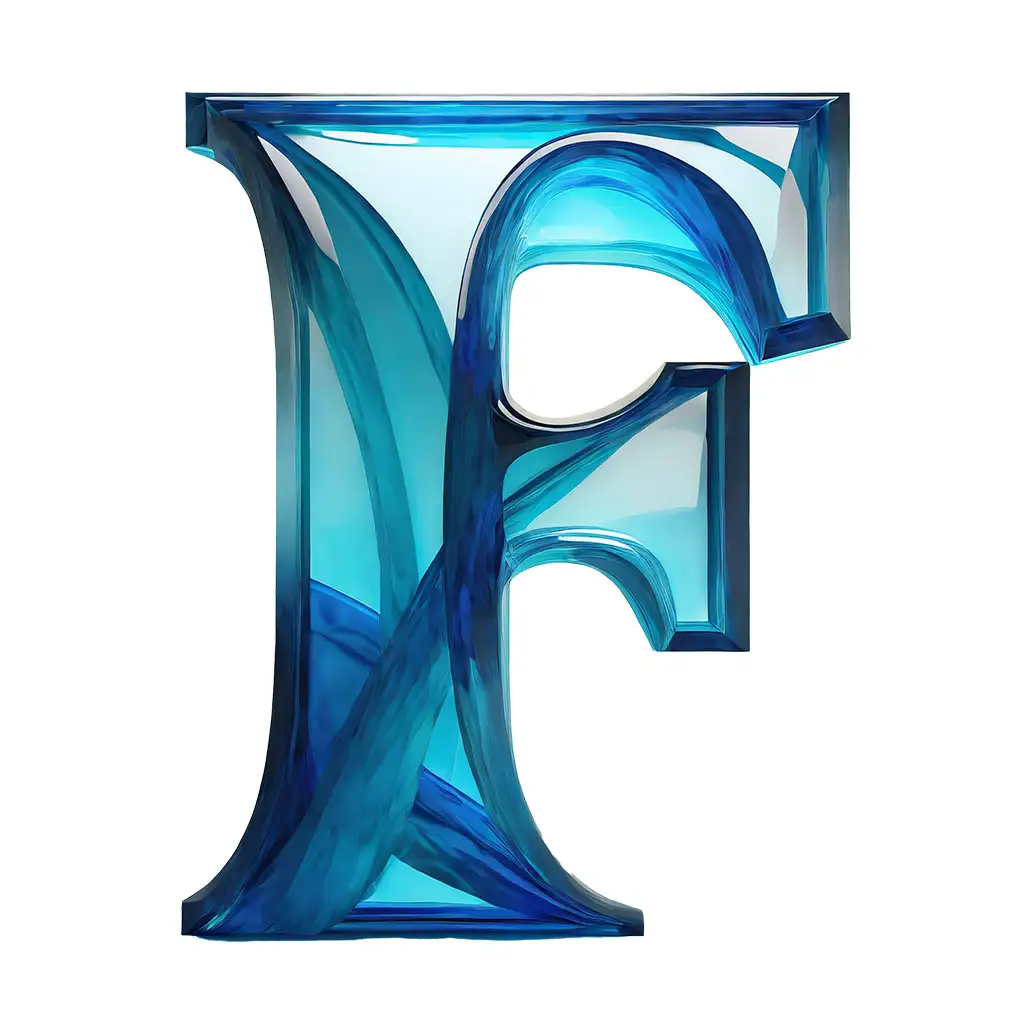 Letter F made of blue glass