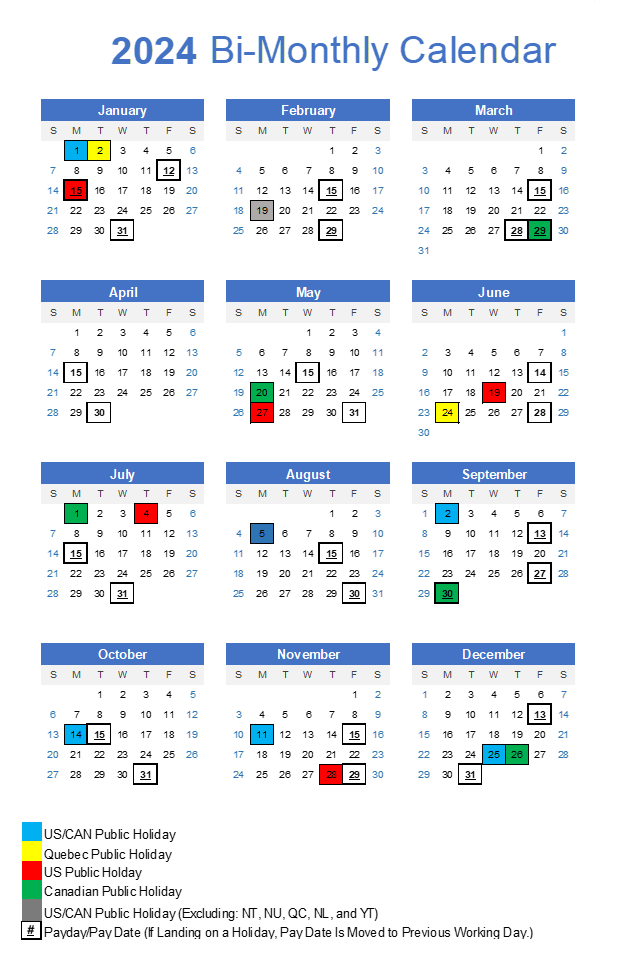 2024 Bi-Monthly US and Canada Payroll Calendar