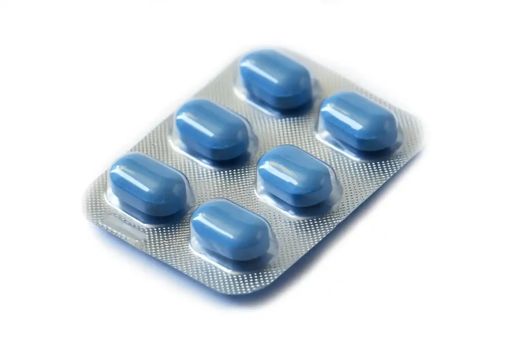 A blister pack with blue pills