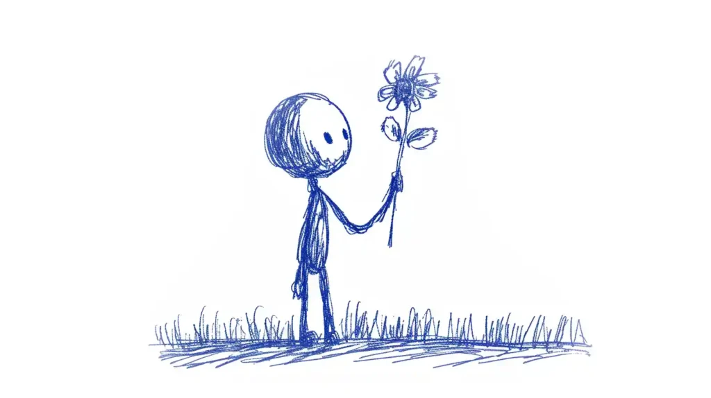 A blue pen stick figure holding a flower