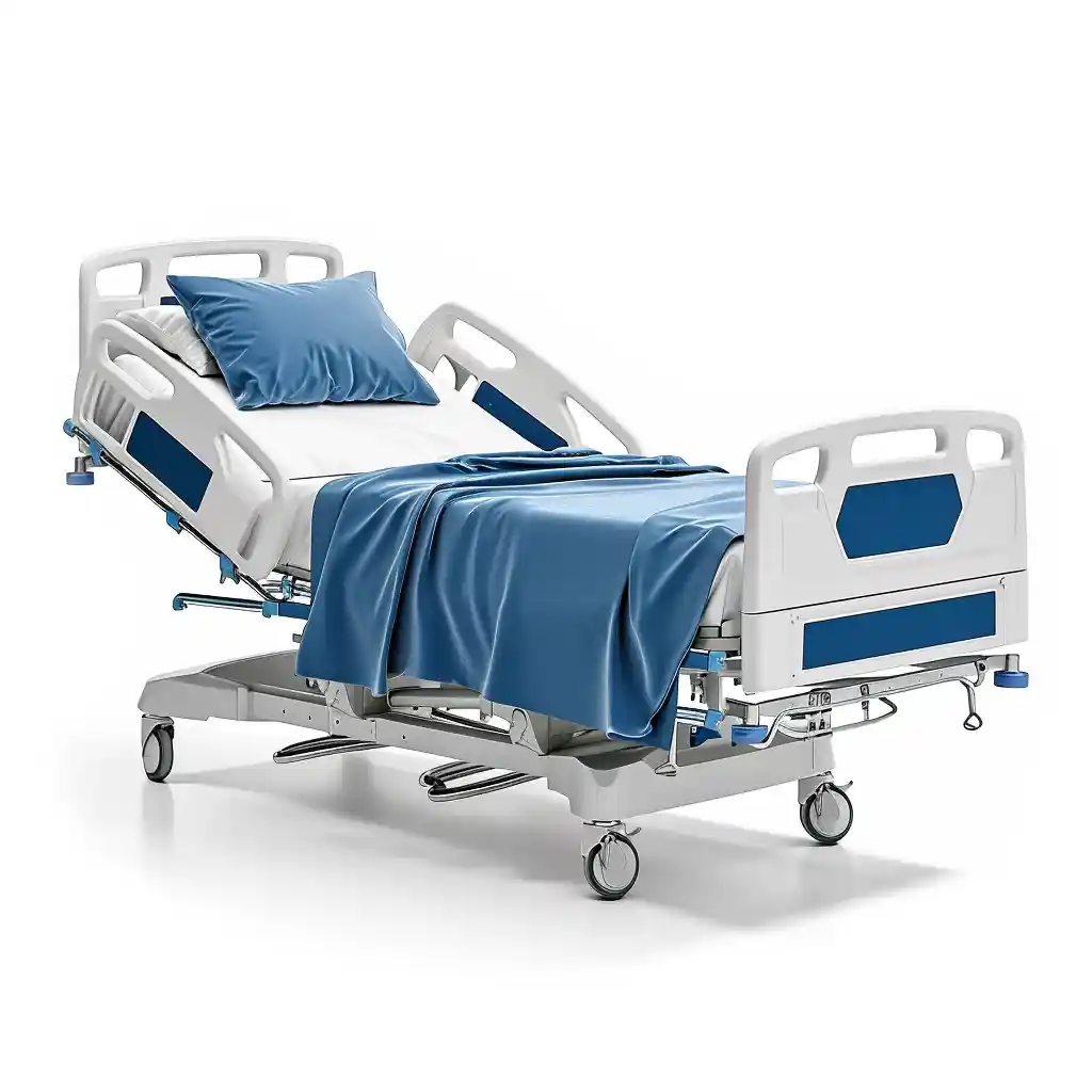 A modern hospital bed with blue sheets.