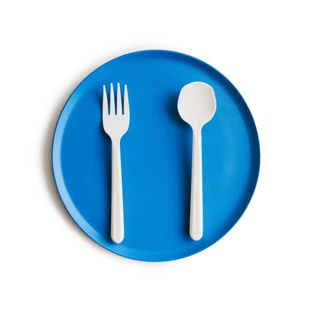 A blue plate with a spoon and fork