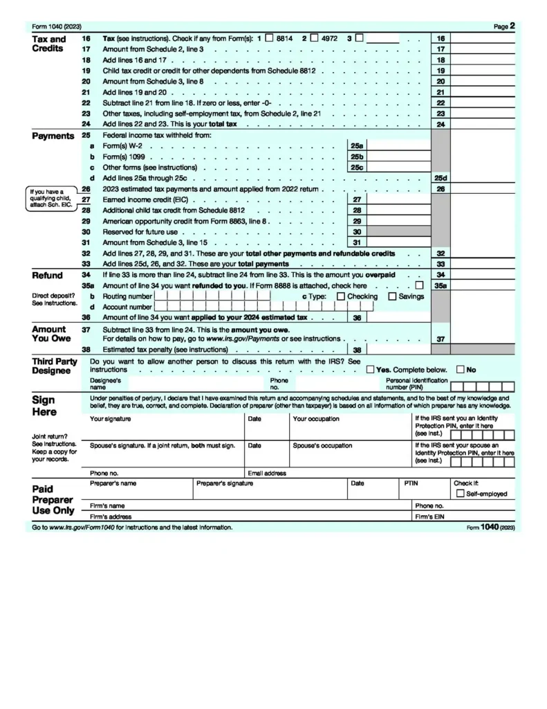 Form 1040 page 2 2023 edition