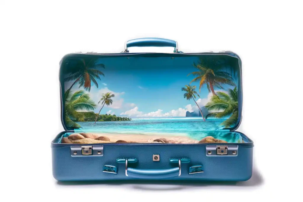 A blue briefcase filled with a tropical beach.