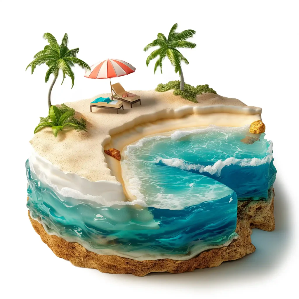 A cutout of a beach cake