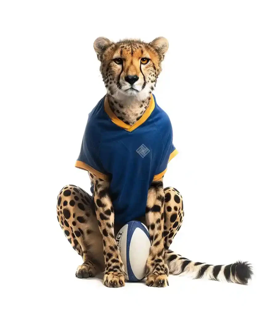 A cheetah with a rugby ball and a blue jersey.