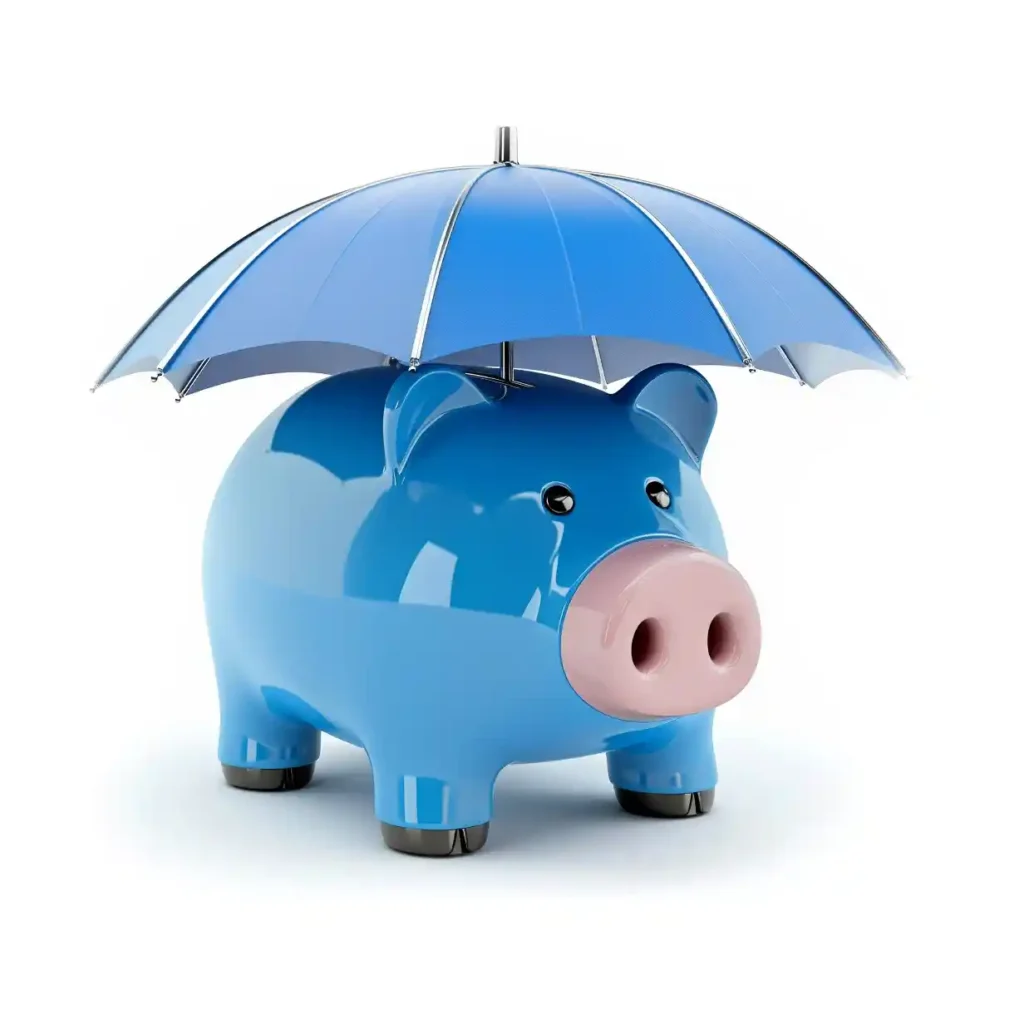 A blue piggy bank with an umbrella