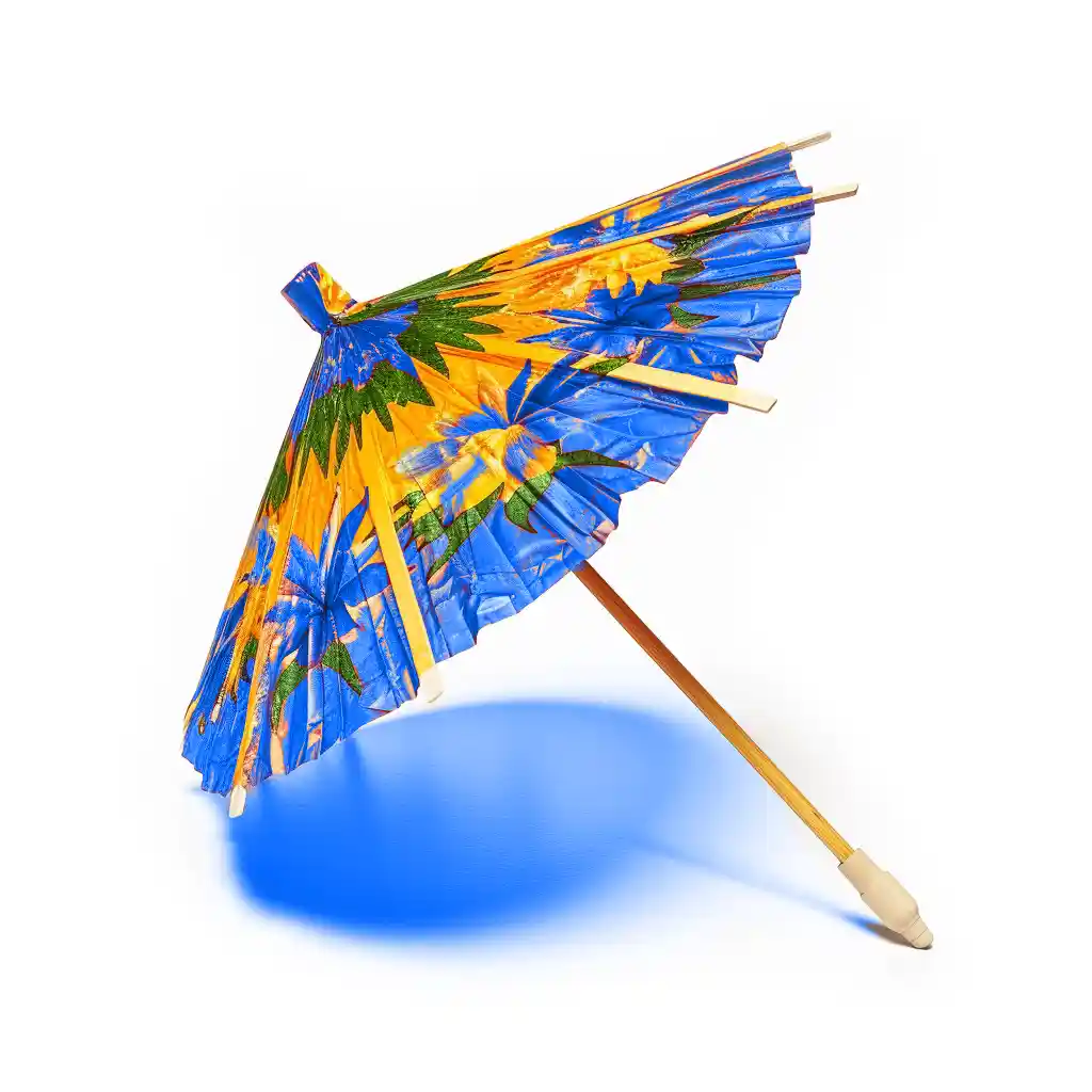 A cocktail umbrella in blue and yellow