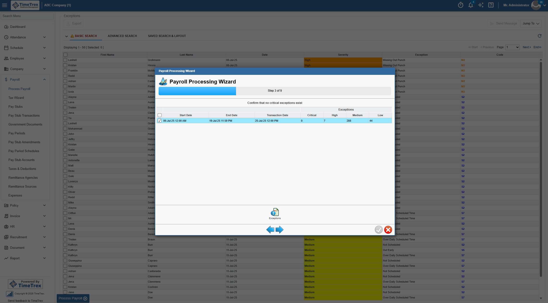 Payroll Processing Wizard Exceptions