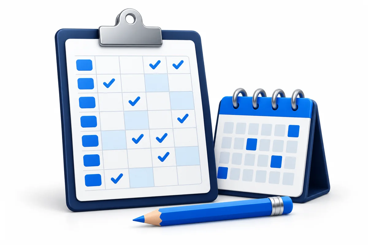 Navy clipboard with a weekly availability grid and blue checkmarks beside a blue calendar and pencil on a white background.