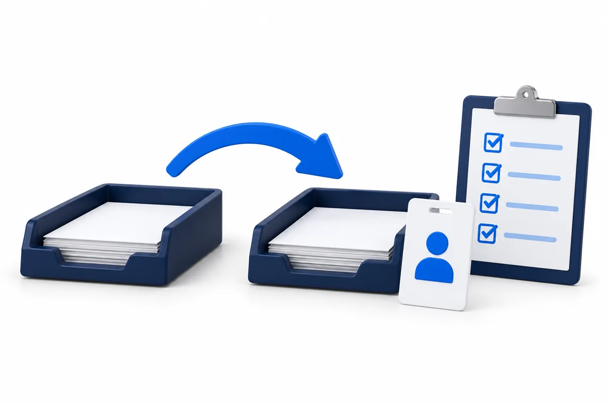Two navy document trays with a blue transfer arrow, employee ID card and checklist on a white background.