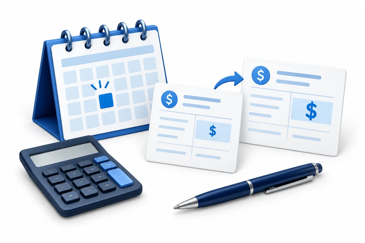 Blue calendar with a highlighted date beside two wage cards, a calculator and a pen on a white background