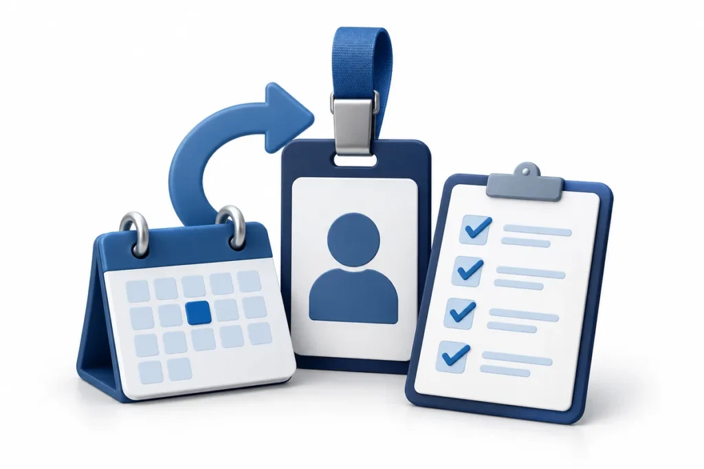 Blue employee ID badge with a return arrow, calendar and checklist isolated on a white background