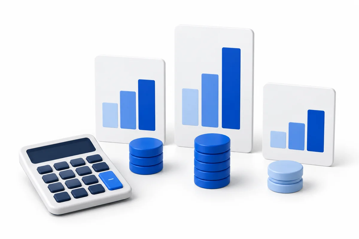 Three white department cards with blue hour bars, a calculator and blue allocation tokens on a white background.