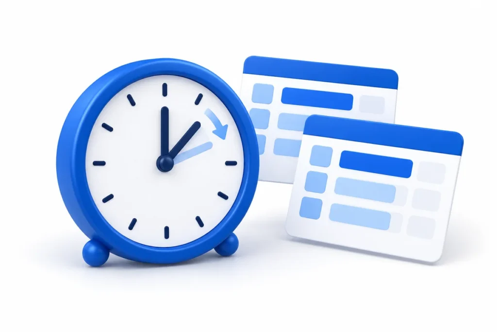 Blue clock with a curved time-change arrow beside two employee shift schedule cards on a white background.