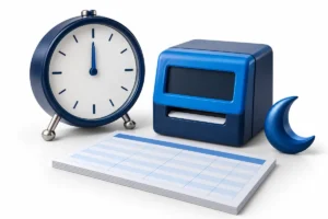 Midnight analog clock, blue time clock, blank timesheet and crescent moon on a white background.