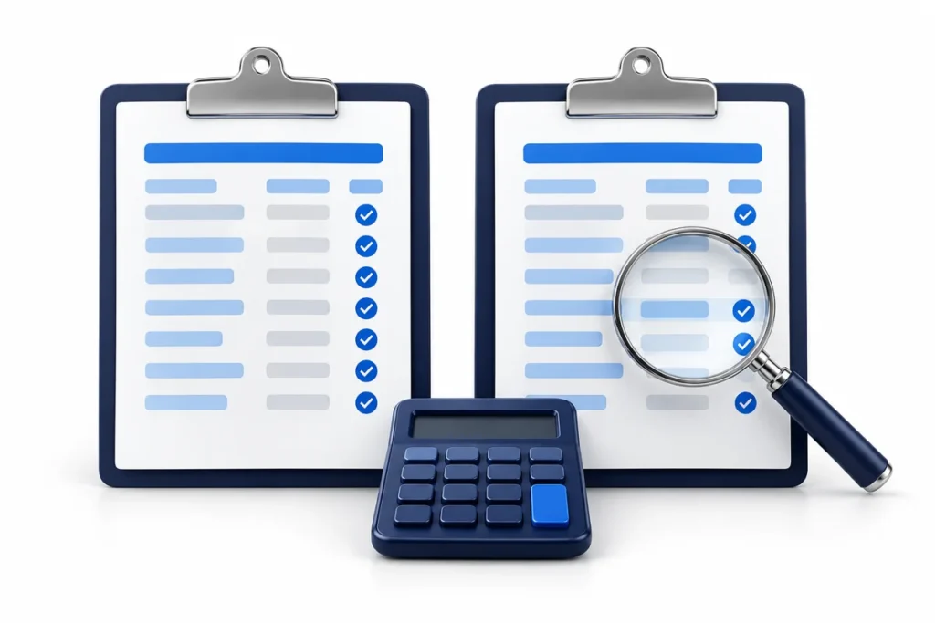 Two payroll report clipboards with blue checkmarks, a calculator and a magnifying glass on a white background.