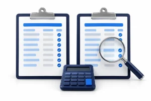 Two payroll report clipboards with blue checkmarks, a calculator and a magnifying glass on a white background.