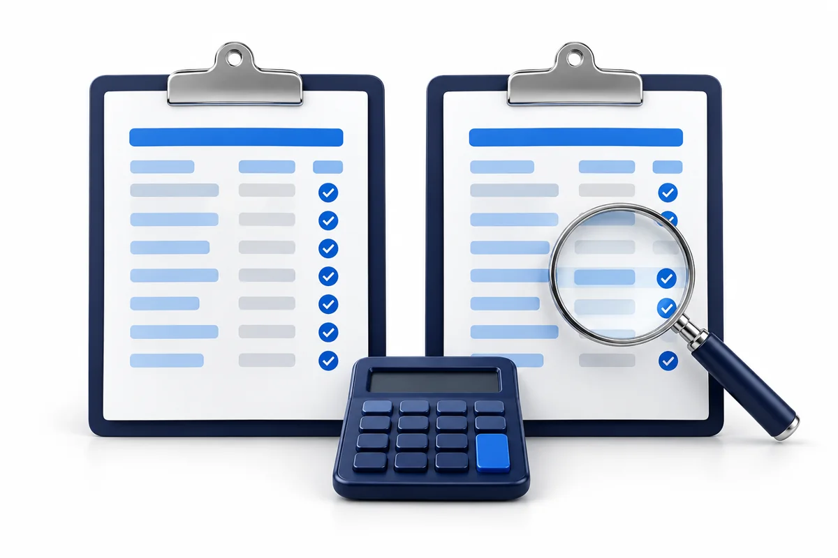 Two payroll report clipboards with blue checkmarks, a calculator and a magnifying glass on a white background.