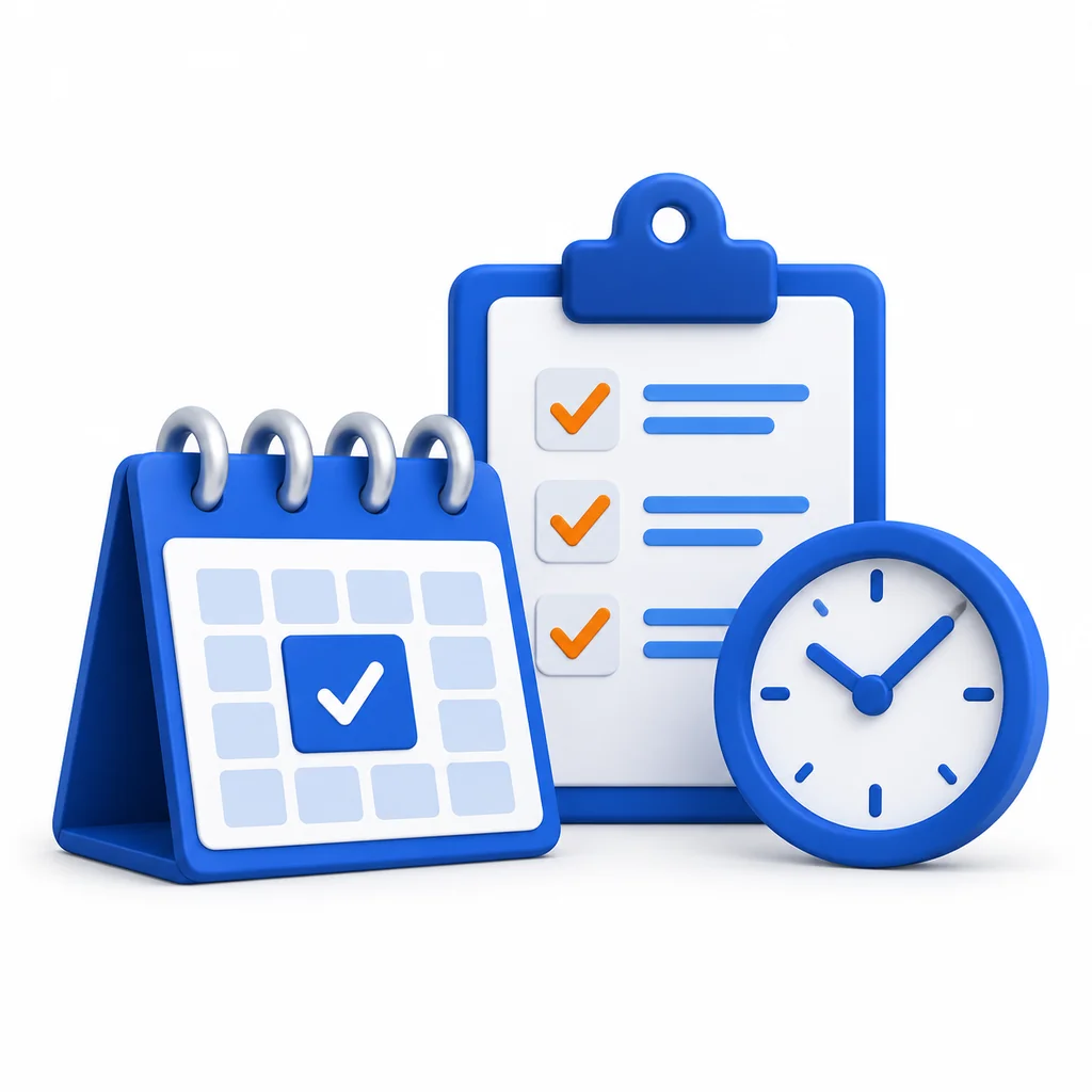 Blue calendar, timesheet checklist and clock illustrating a payroll cutoff policy.