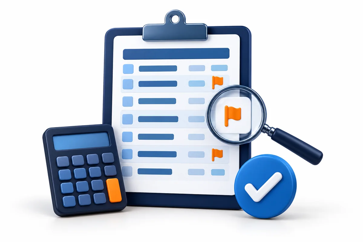 Blue payroll report clipboard, magnifying glass and orange warning markers isolated on a white background.