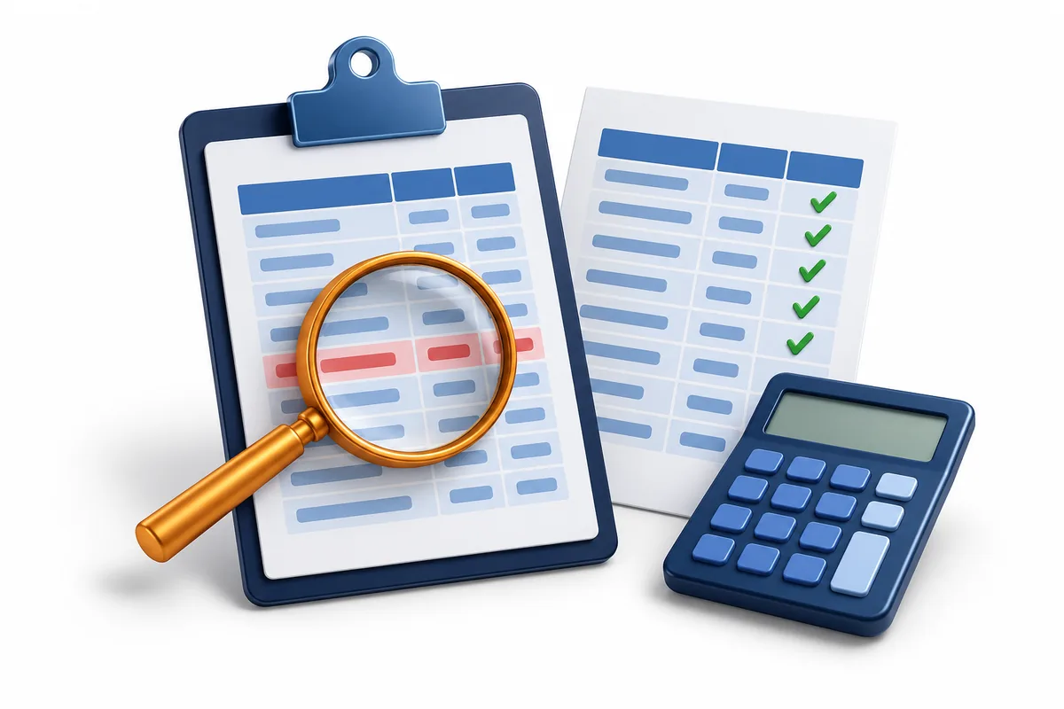 Clipboard, checked data sheet and calculator with a magnifying glass highlighting a mismatched row on a white background