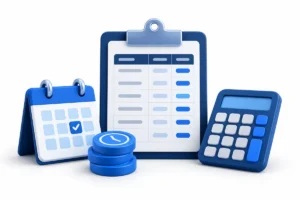 Navy clipboard ledger, blue calendar, calculator and stacked hour tokens on a white background.