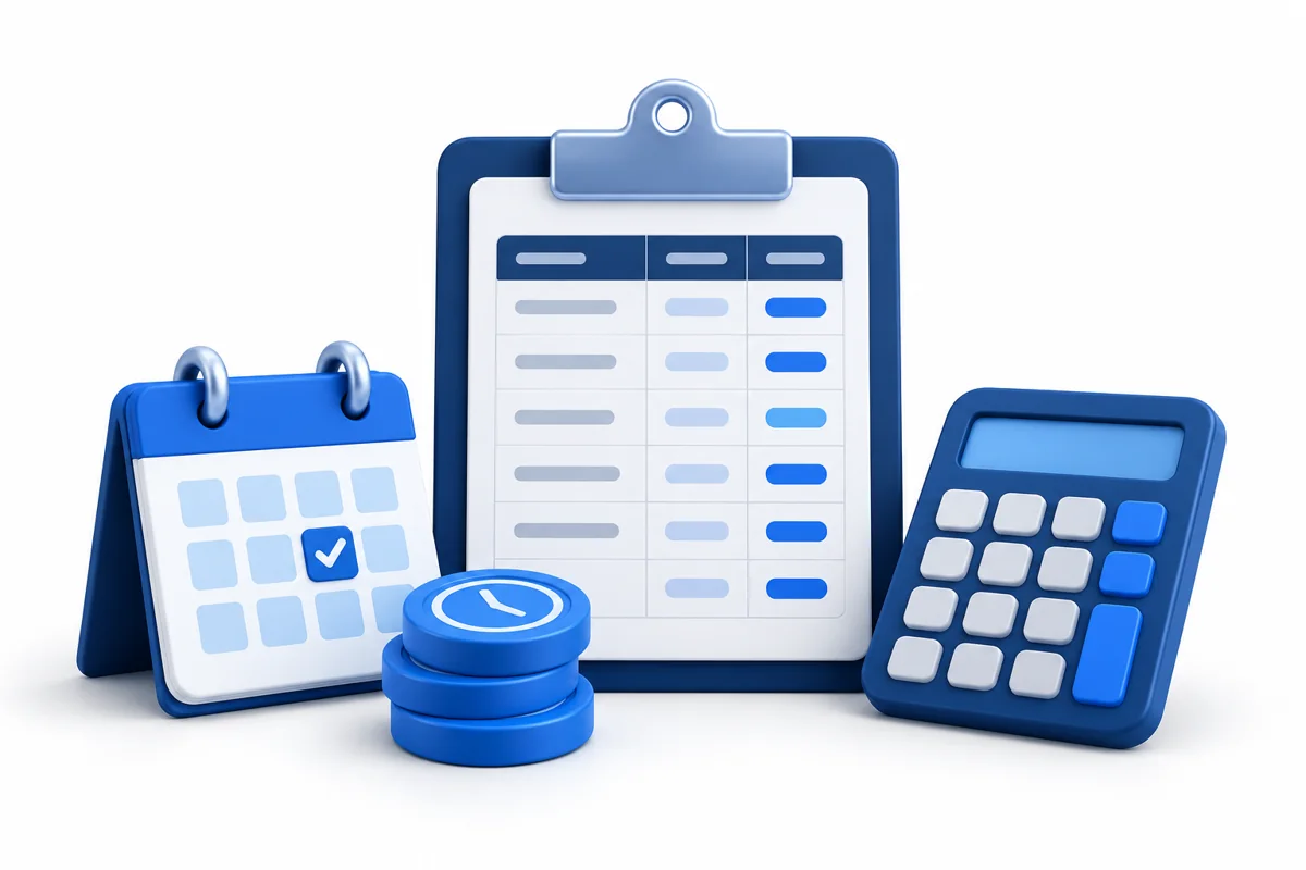 Navy clipboard ledger, blue calendar, calculator and stacked hour tokens on a white background.