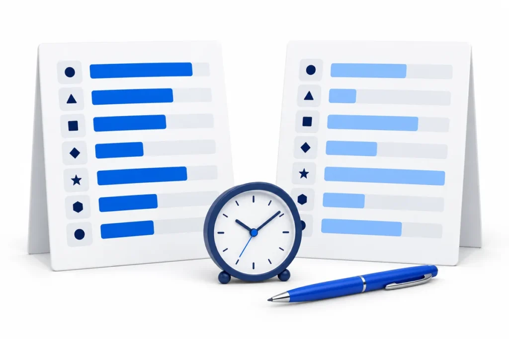 Two timesheet cards with different blue hour bars, a clock and a pen on a white background.