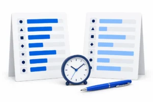 Two timesheet cards with different blue hour bars, a clock and a pen on a white background.