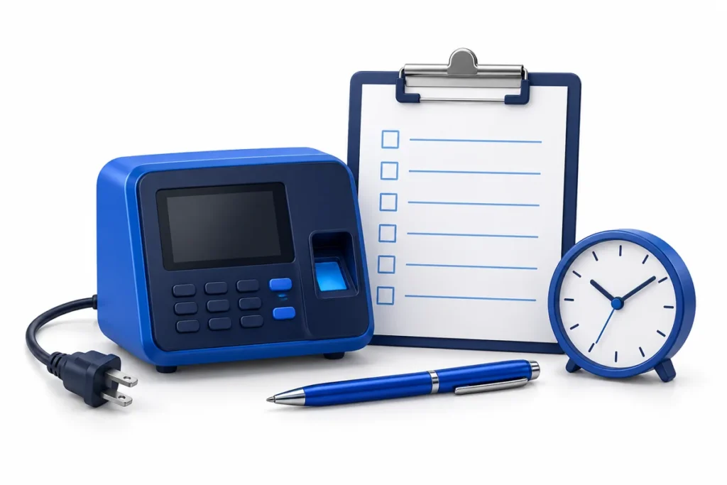 Blue time clock with an unplugged cord beside a paper timesheet, pen and analog clock on a white background.