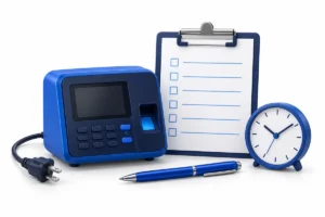 Blue time clock with an unplugged cord beside a paper timesheet, pen and analog clock on a white background.