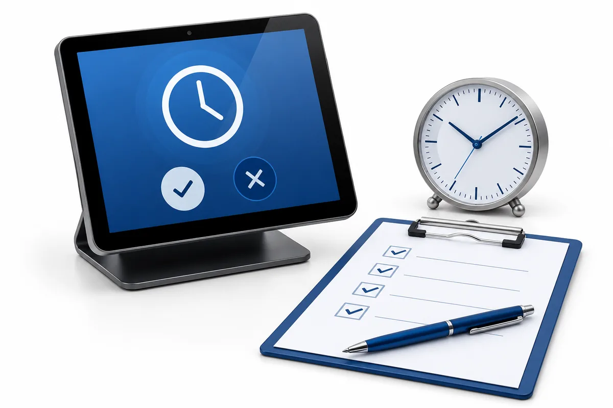 Tablet time clock, checklist, blue pen and analog clock isolated on a white background