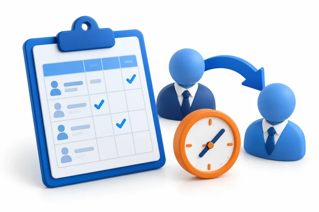 Blue timesheet clipboard and two supervisor figures connected by a handoff arrow beside an orange clock on white.