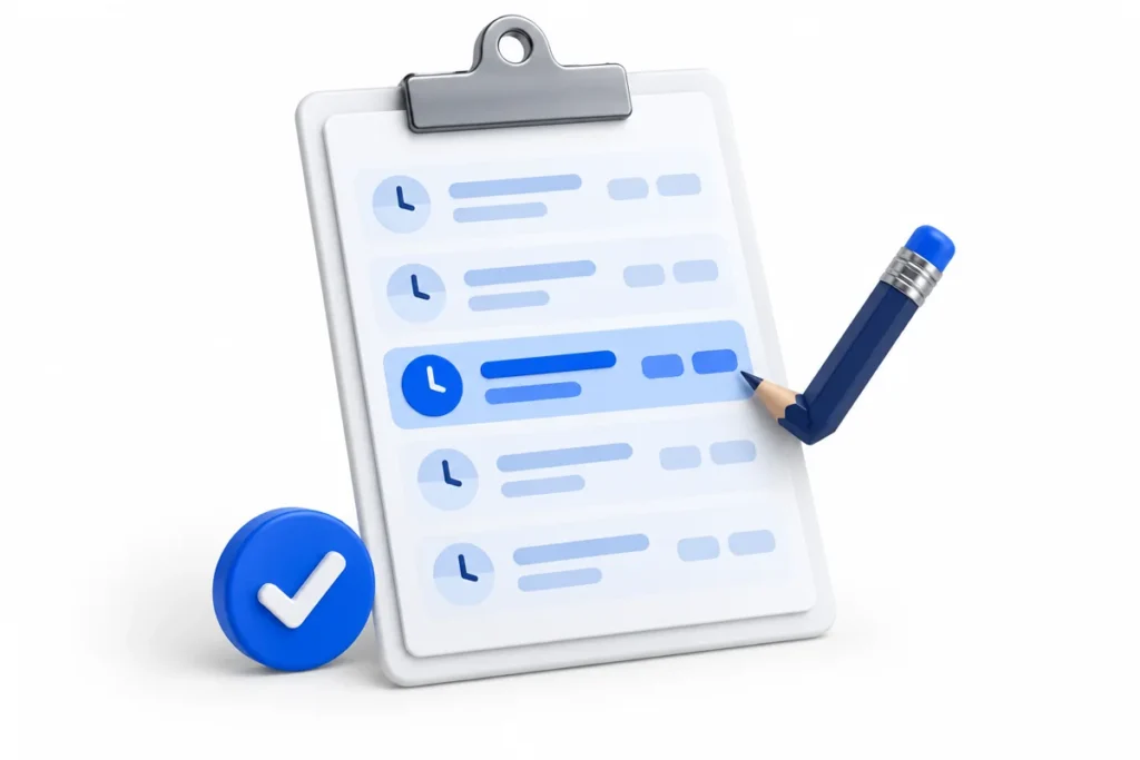 White timesheet clipboard with blue entry rows, a pencil and a check token on a white background.