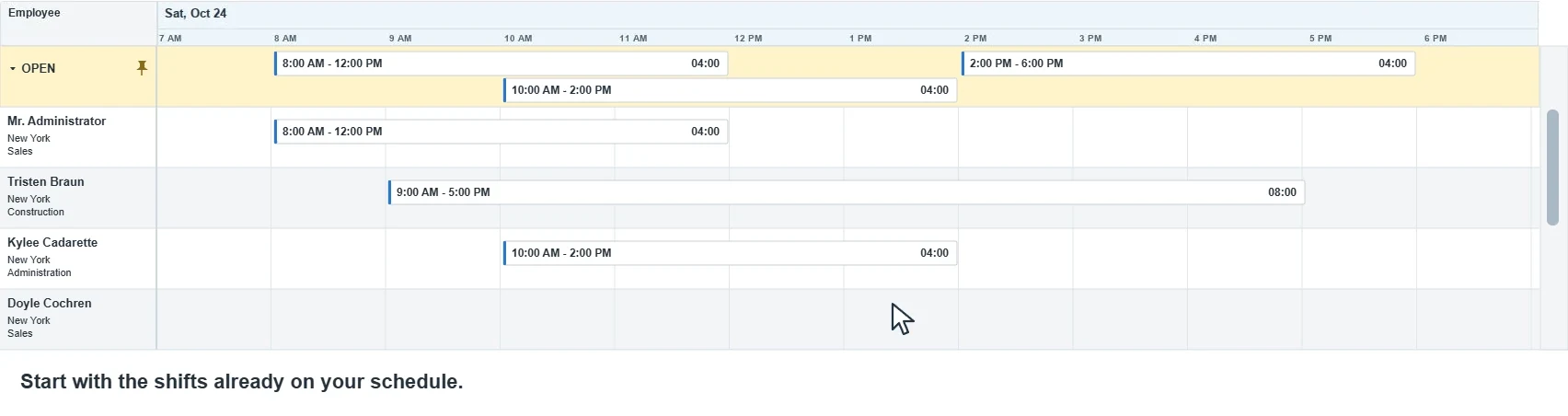 Illustrated animation: three employees already have shifts, the mouse drags the scrollbar while the Open row stays pinned, then assigns two open shifts to lower employee rows.