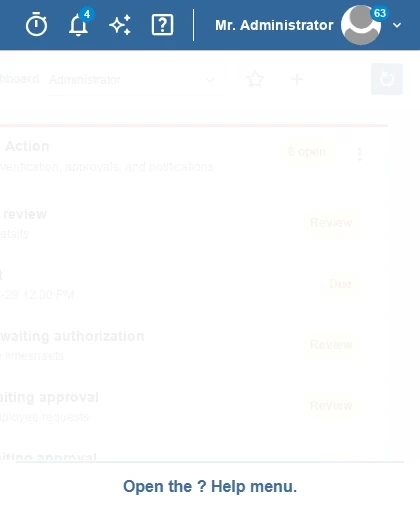 Zoomed animation of the TimeTrex blue header: the mouse clicks the question-mark Help icon, then selects Testing Sandbox from the actual Help menu.
