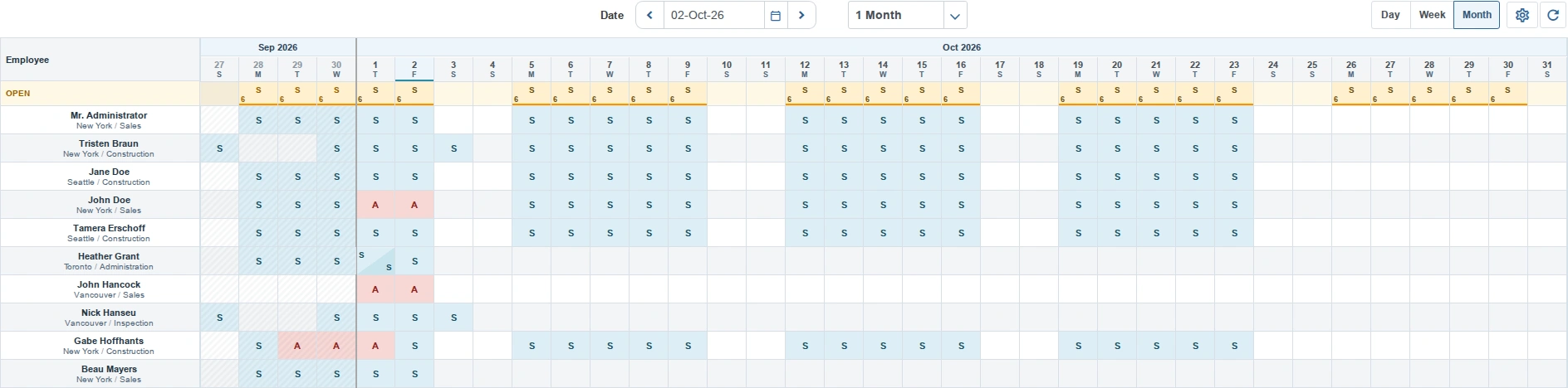 The Month schedule mode showing scheduled work and absences across October 2026.