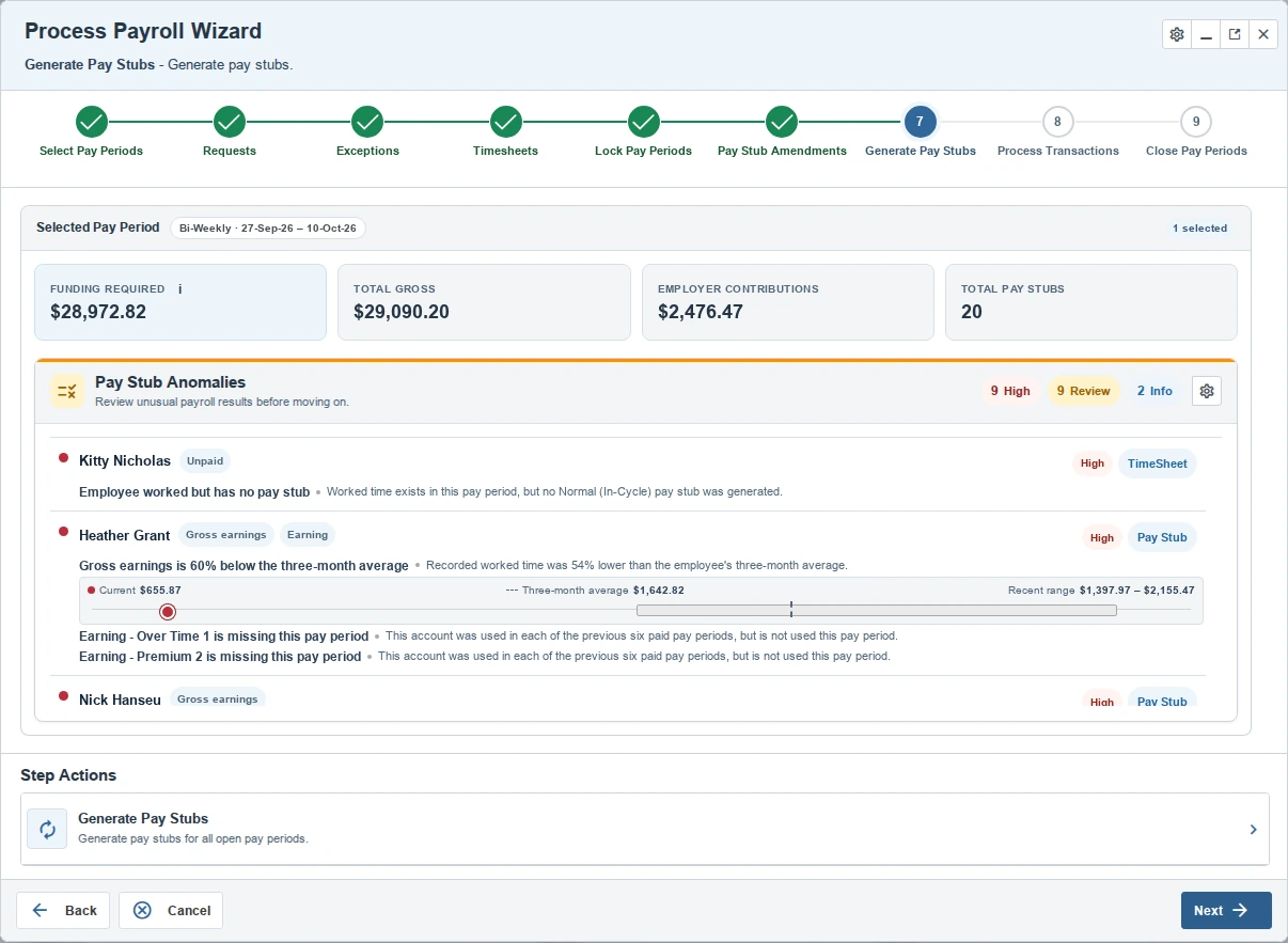 The TimeTrex Payroll Processing Wizard with review steps and payroll insights