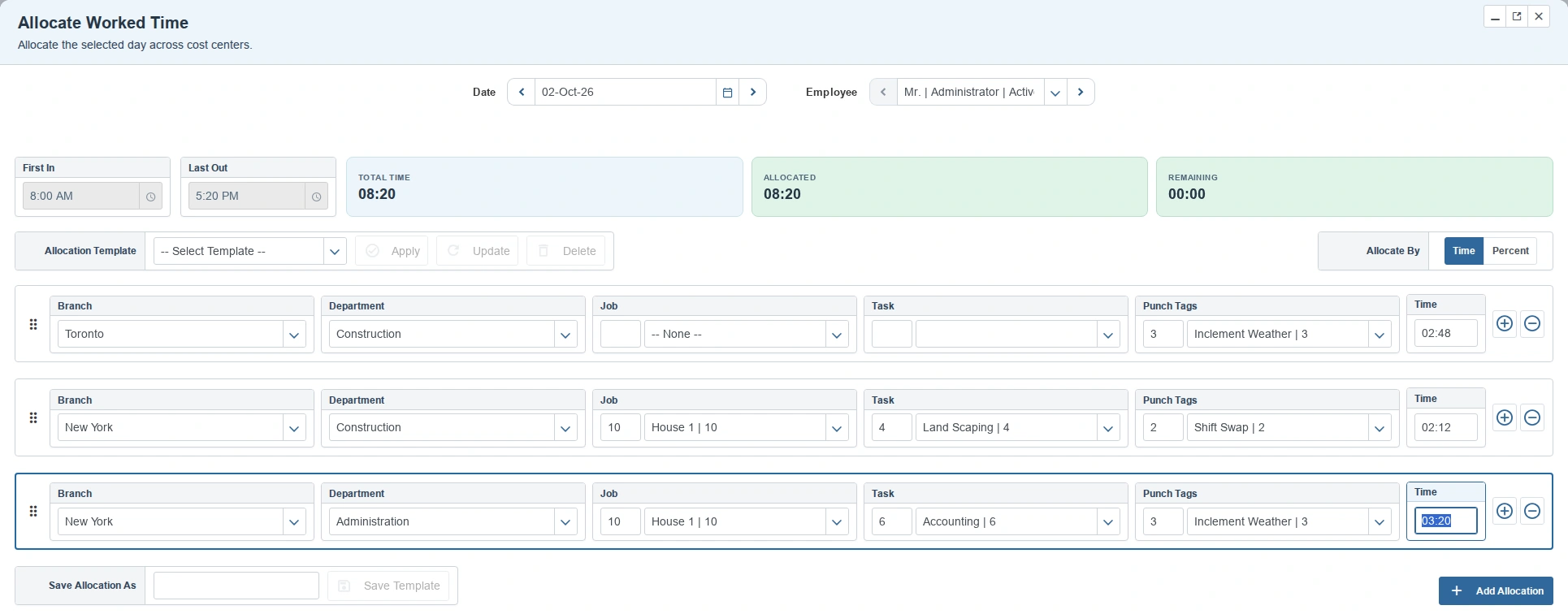 Timesheet Allocate with three single-row cost-center allocations of 2:48, 2:12, and 3:20, with all 8:20 of worked time allocated and zero remaining