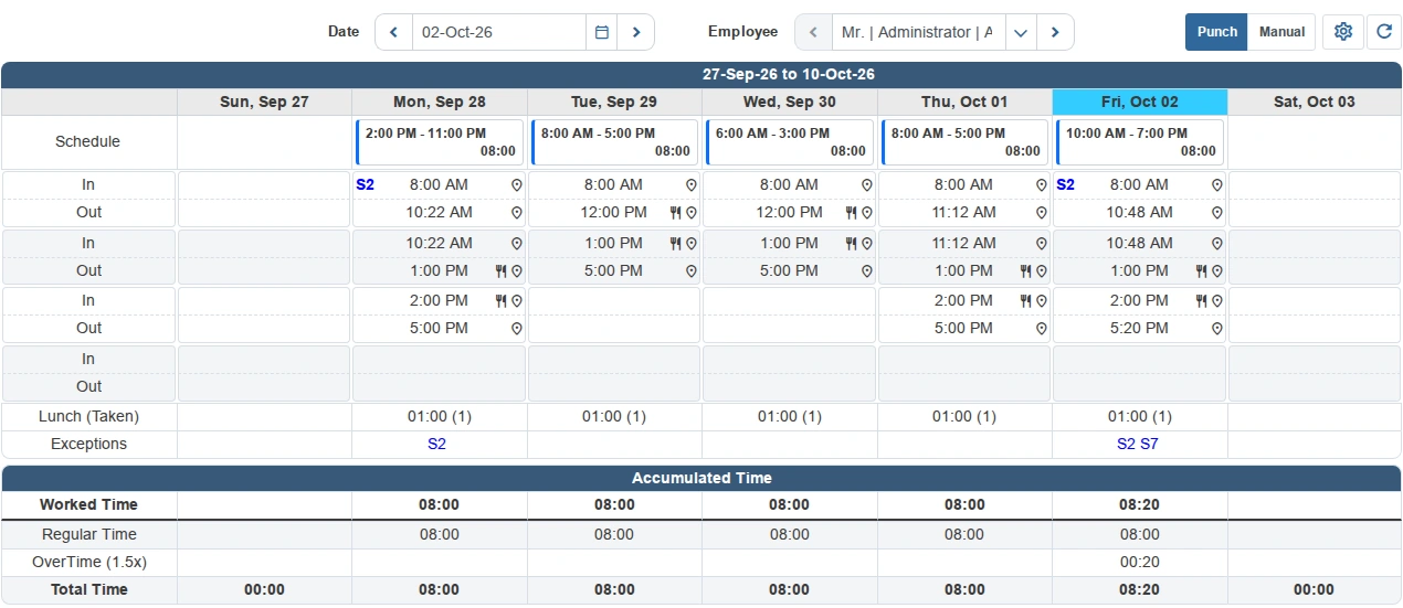 A close-up of planned schedules, actual punches, attendance icons, exceptions, and accumulated time in the redesigned timesheet.